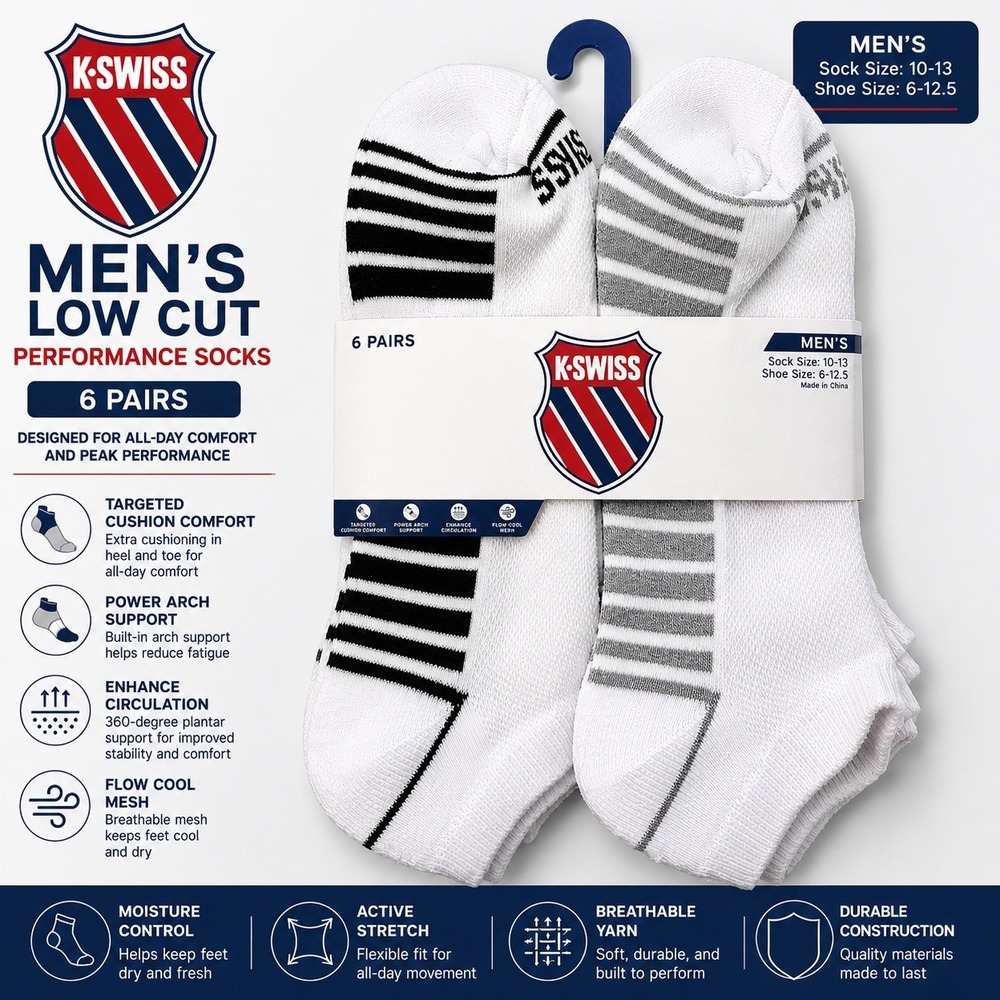 K-Swiss Mens Low Cut Performance Socks 6 Pairs White Black Grey Size 10-13 New
